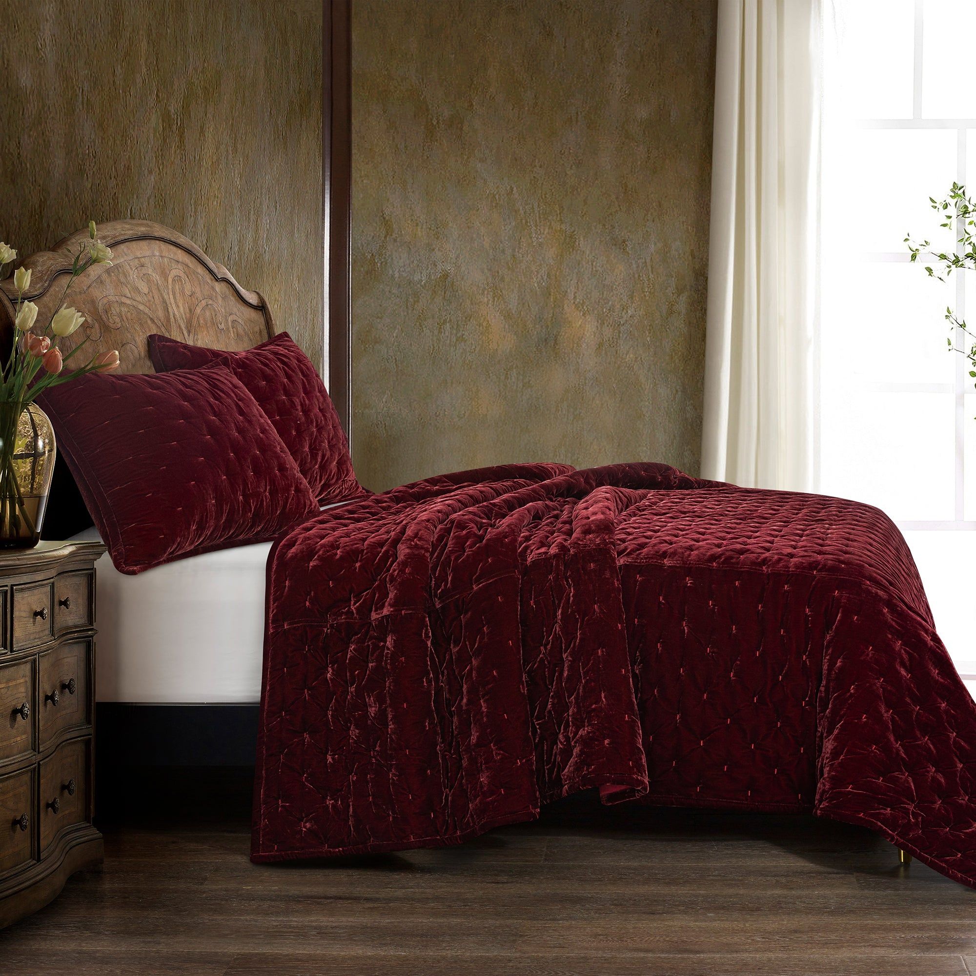 Stella - Full/Queen Faux Silk Velvet Pintuck Quilt Set (Set of 3) - Garnet Red
