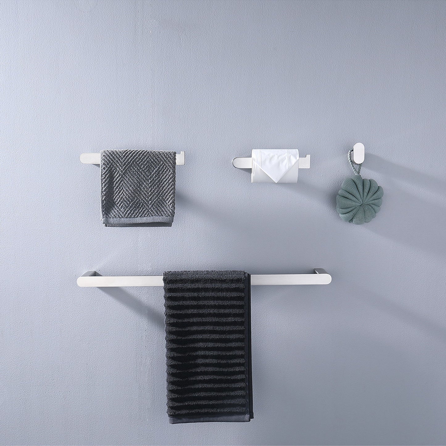 Modern Wall Mounted Bathroom Hardware Set With Robe Hook, Towel Rail, And Tissue Paper Holder - Brushed Nickel