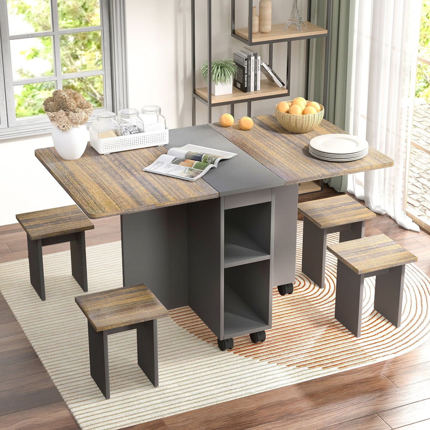 Contemporary 5 Piece Folding Extendable Dining Table Set With Chairs For 4 - Brown