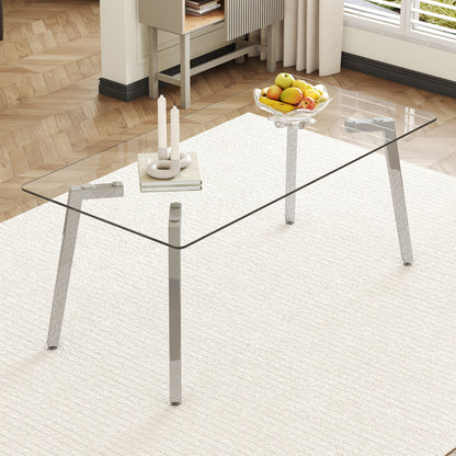 Minimalist Rectangular Dining Table With Transparent Glass Top And Metal Legs