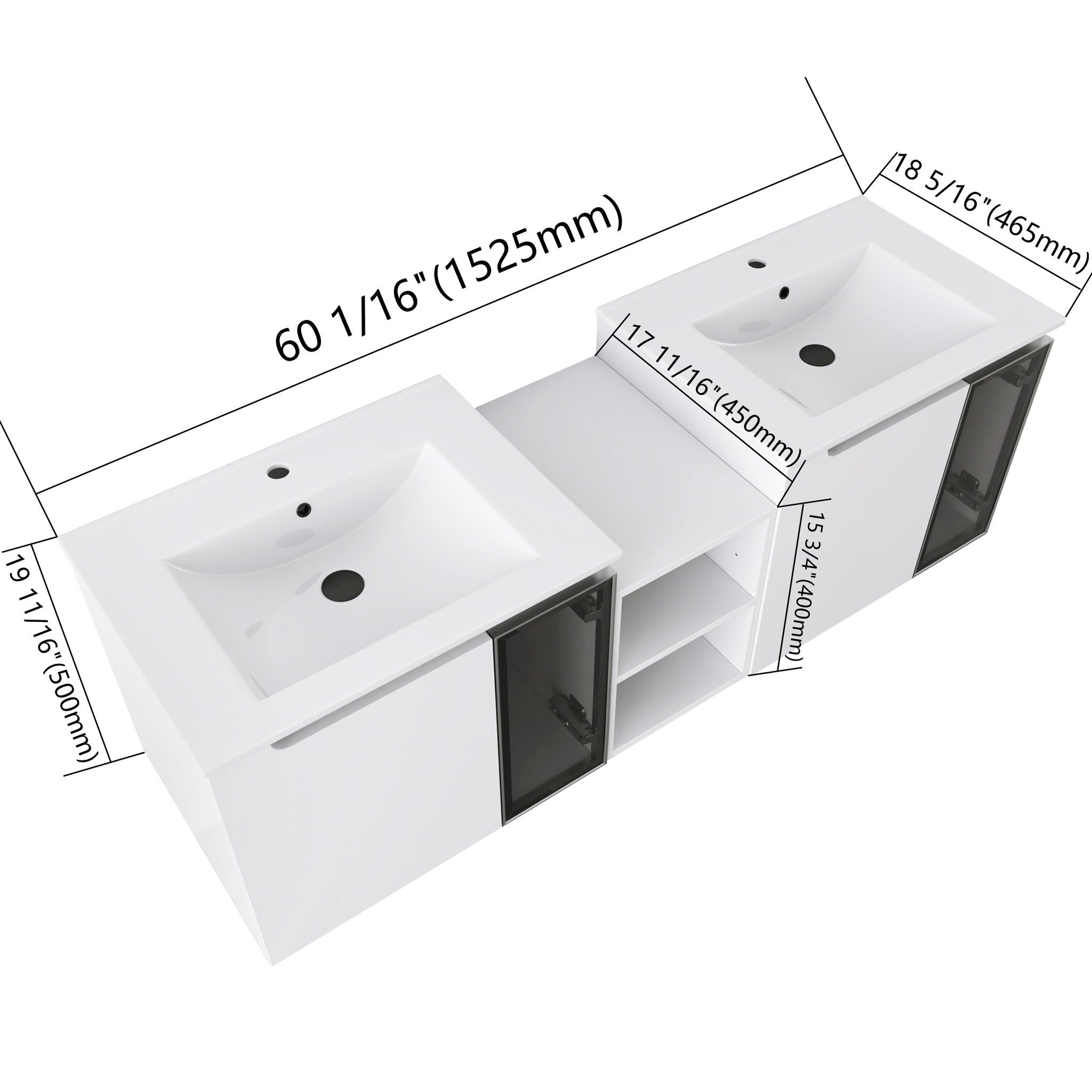 Wall Mounted Bathroom Vanity With Sink, Soft Close Doors, Cabinet & Half Door