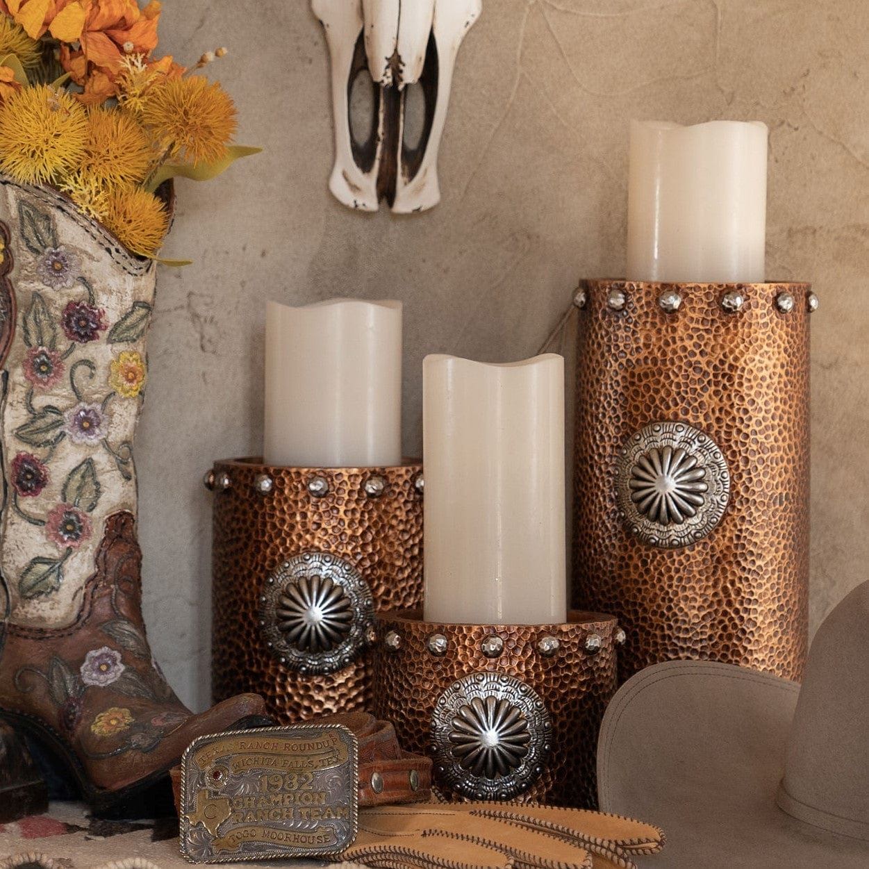 Candle Holder - Faux Hammered Copper With Concho Candle Holder Set (Set of 3), 2 Per Carton - Brown