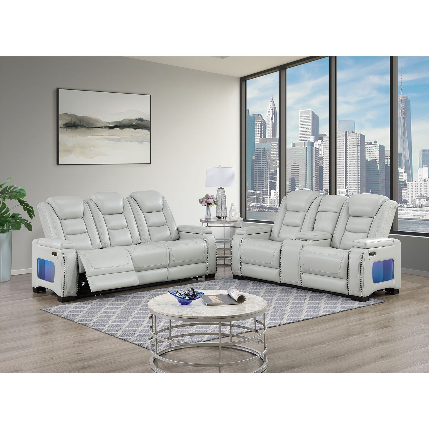 Reclining Power Set, USB, LED, Bookshelf Arms, And Drop Down Table