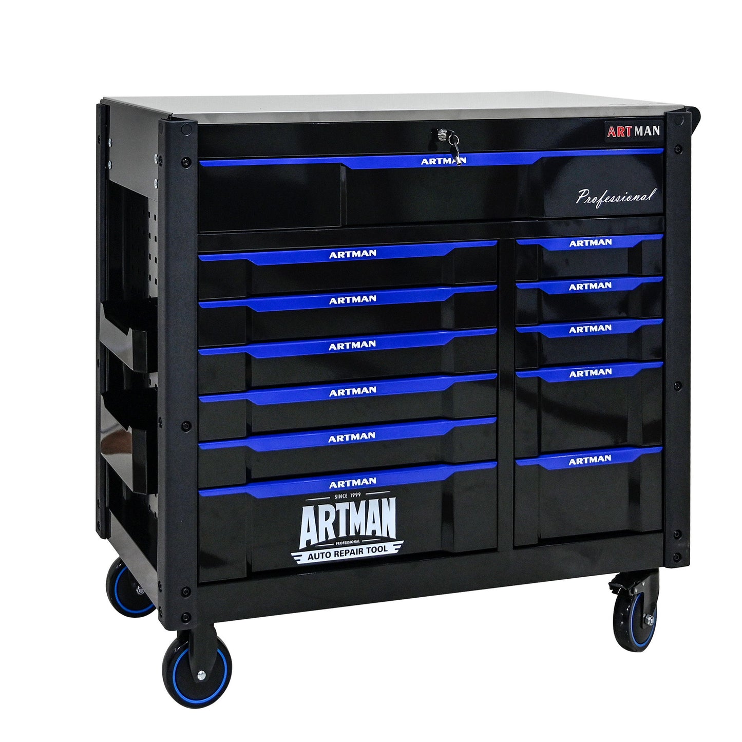 12 Layer Drawer Multi Purpose Tool Cart With Wheels And Iron Top - Black / Blue