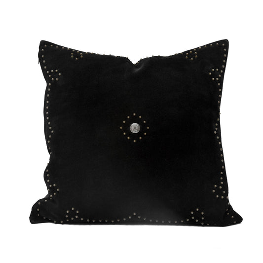 Western Suede Pillow - Western Suede Antique Silver Concho & Studded Pillow - Black