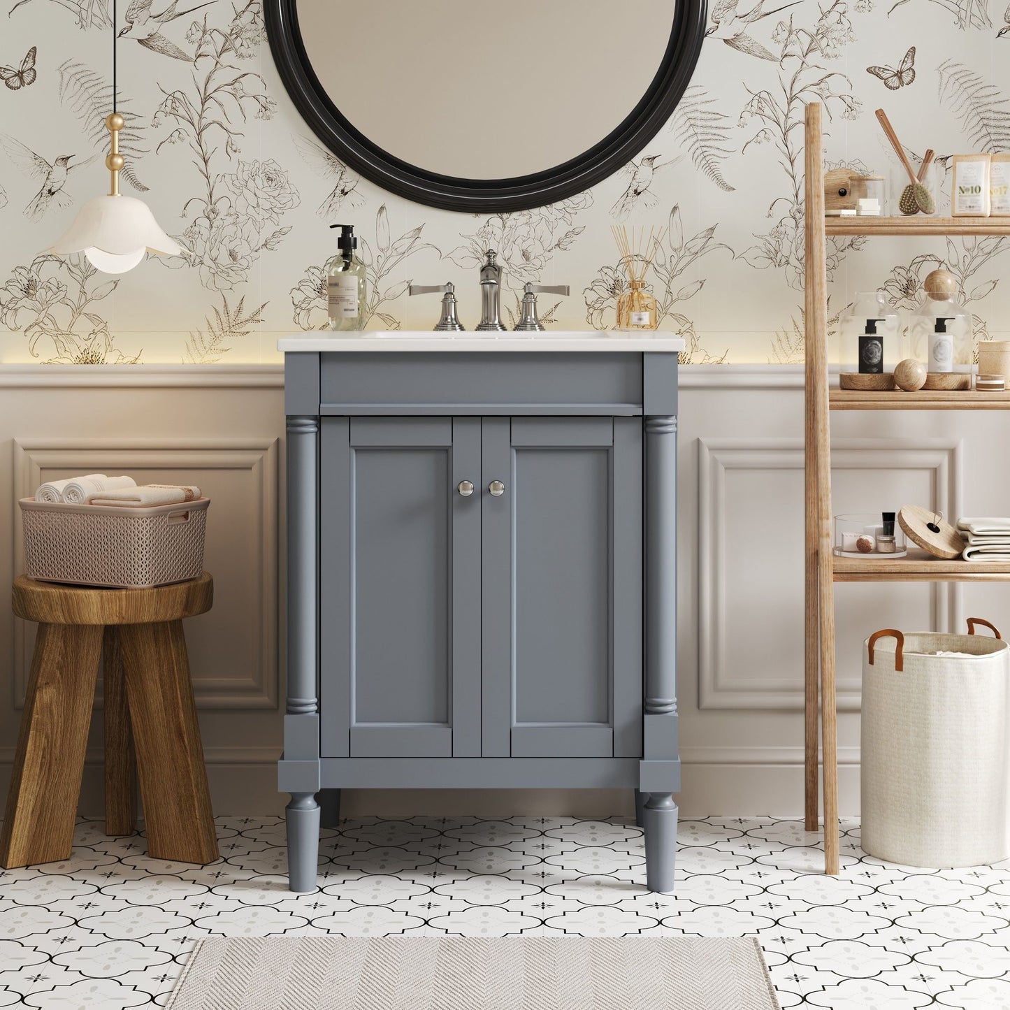Bathroom Vanity With Top Sink, 2 Tier Storage Cabinet