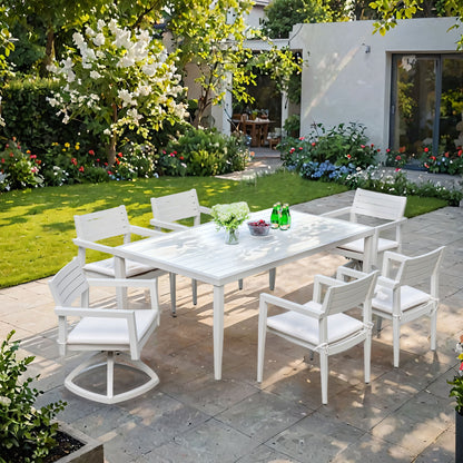 Modern Patio Furniture Dining Set With Swivel Rockers Chairs, Sunbrella Cushions, 2 Tone Table