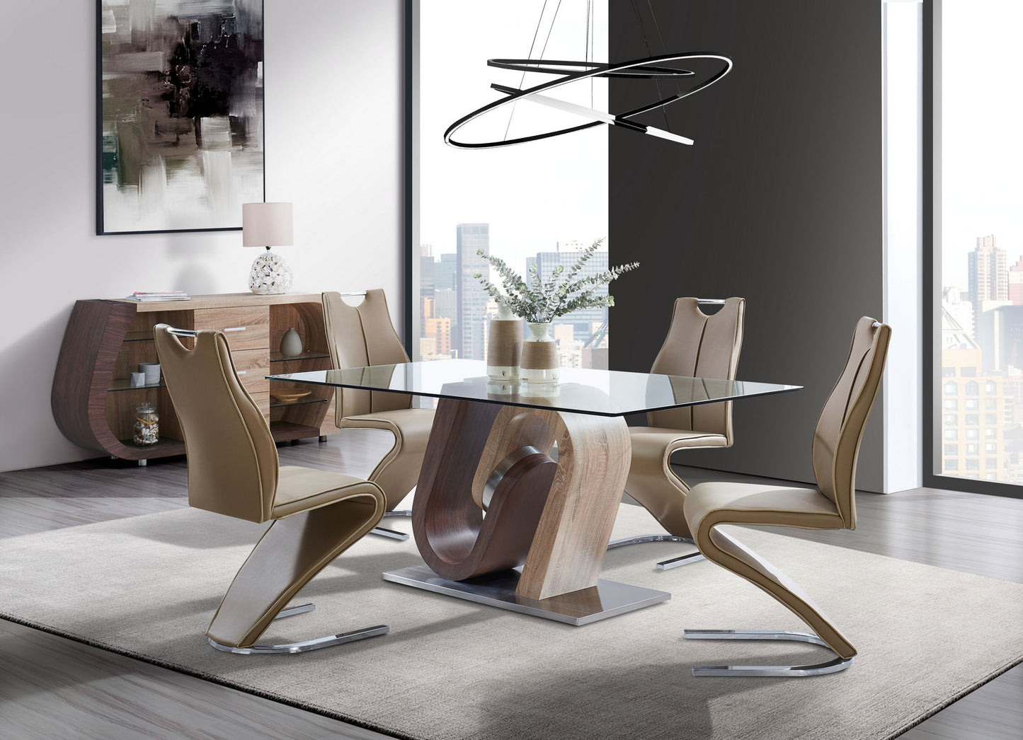 D4126 - 5 Piece Dining Room Set (Dining Table And 4 Dining Chairs) - Dark Brown / Oak / Silver