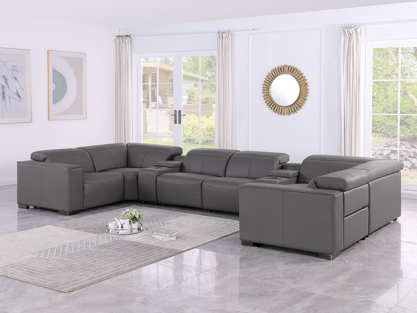 1208 - 8 Piece U Shaped Leather Sectional With 4 Power Recliners & Power Headrests