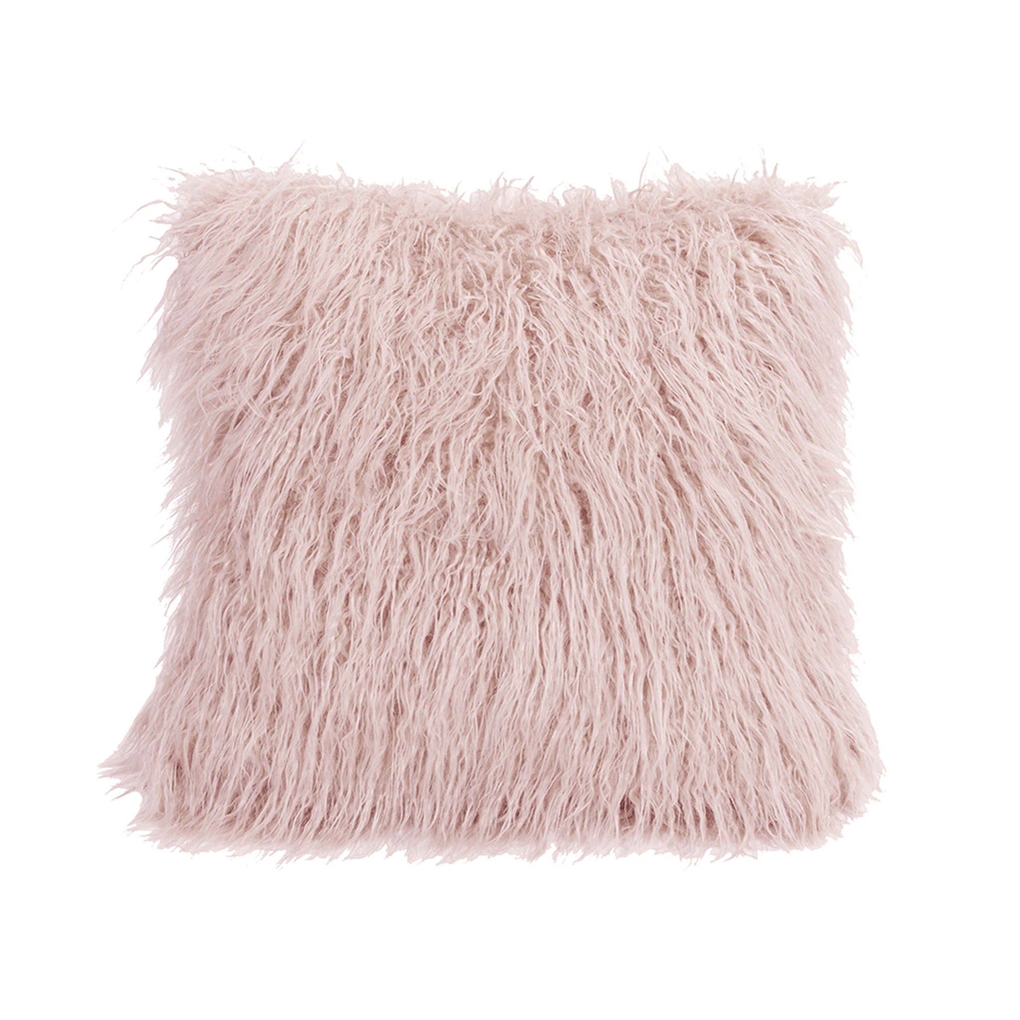 Mongolian Fur - Faux Fur Throw Pillow - Blush