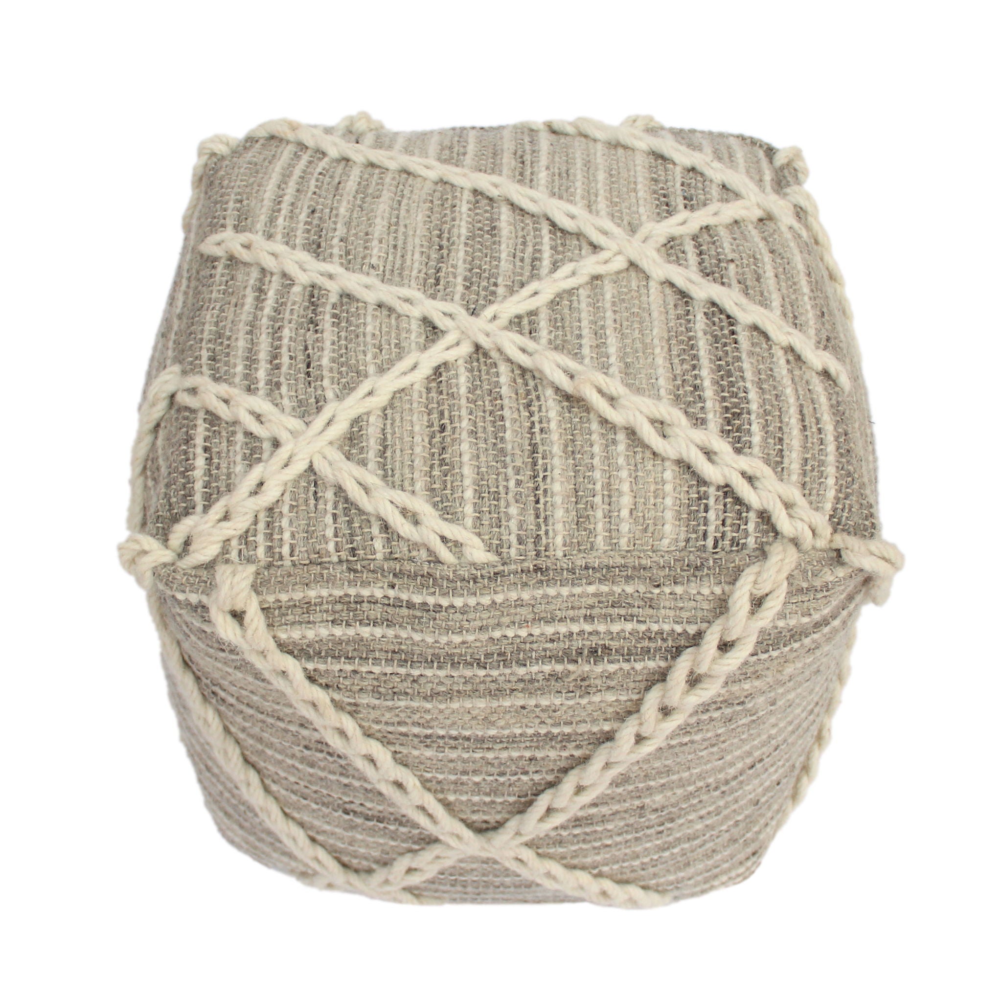 Modern Wool Rope Square Pouf Ottoman Floor Cushion - Gray / Ivory
