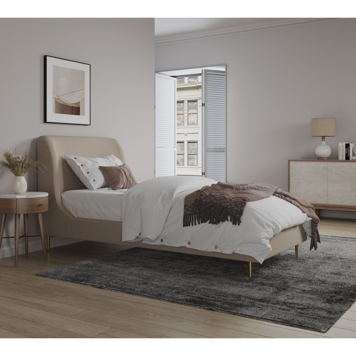 Mid-Century Modern Upholstered Bed With Curved Headboard